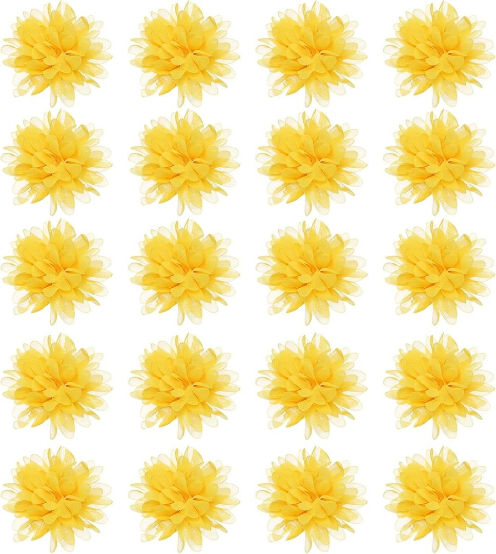 MECCANIXITY Chiffon Flower, 3 Inch Fabric Flowers Bows Sewing Fabric Appliques Headband Embellishments for Crafts Dresses DIY Party Wedding Decoration Yellow Pack of 20