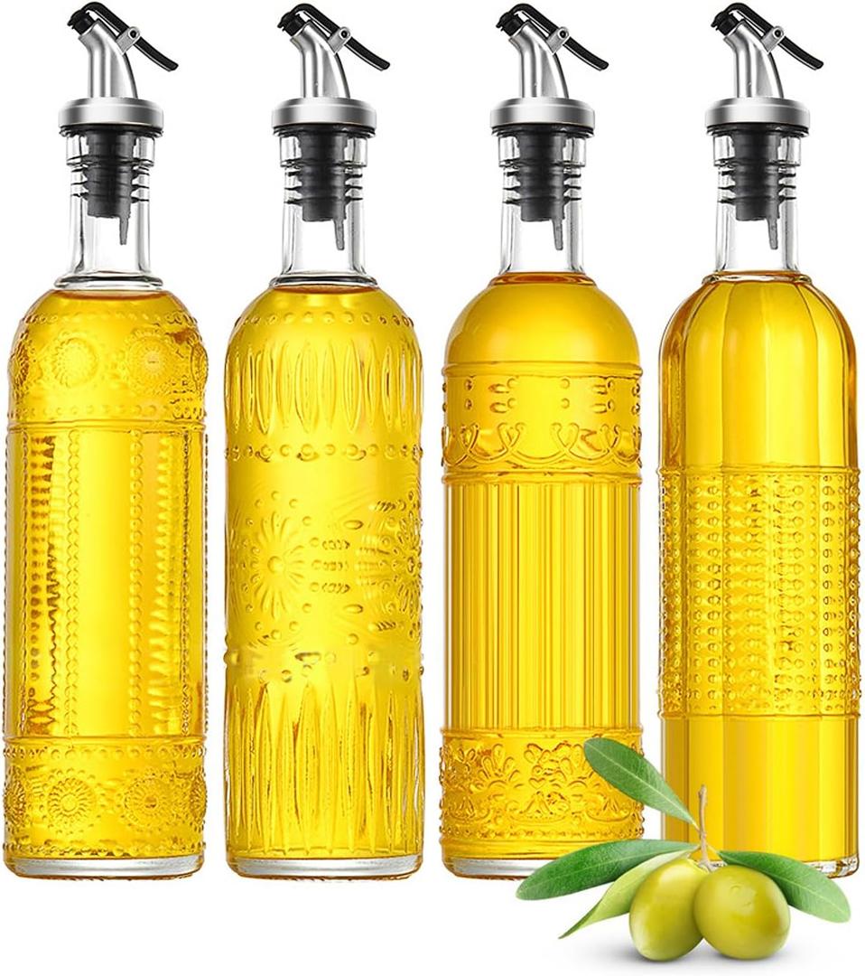 4 Pcs Olive Oil Dispenser Bottle for Kitchen,17oz Clear Glass Oil and Vinegar Dispenser Set, Coffee Syrup Dispenser with 4 Pourers and 1 Funnel (Style A, Silver)