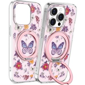 Loheckle for iPhone 13 Pro Case with Stand- Compatible with MagSafe Women Girls Cute Girly Aesthetic Unique Design Soft TPU Magnetic Ring Phone Cover for Apple 13 Pro, Butterfly