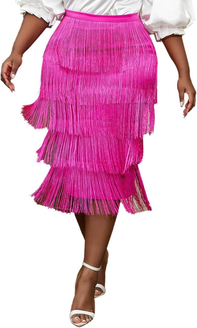 AOMEI Women's High Waist Fringe Tiered Bodycon Pencil Midi Skirt (X-Large)