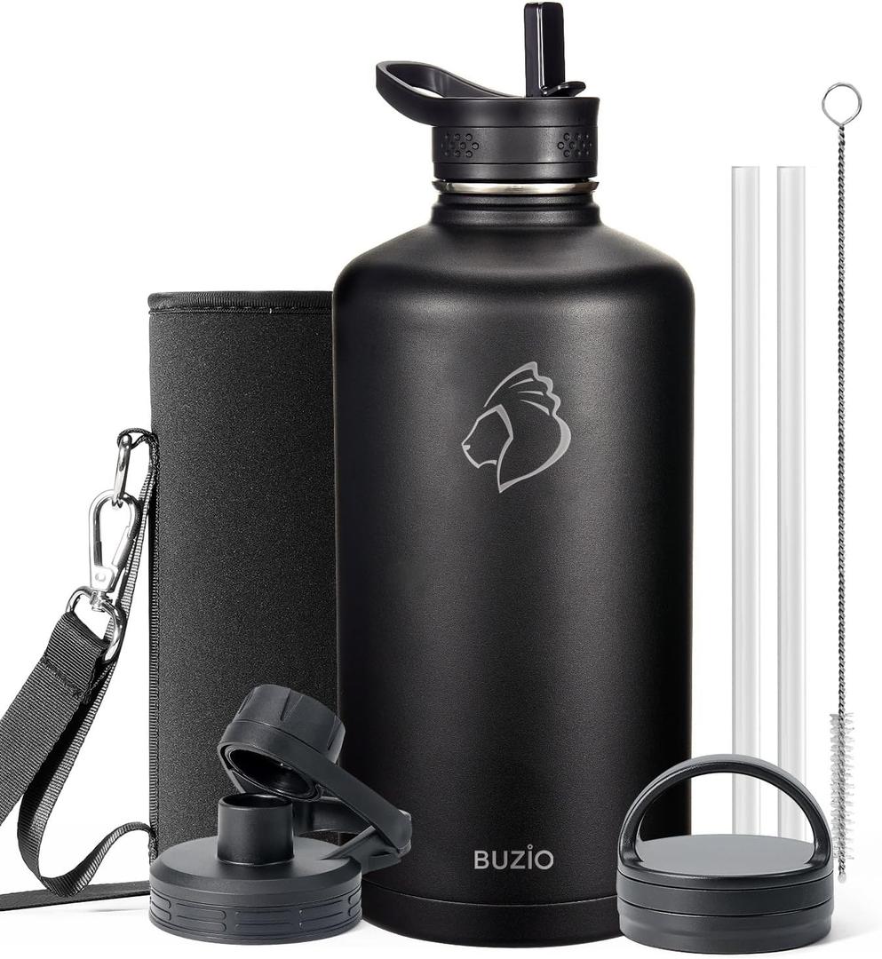 BUZIO Gallon Water Bottle Insulated with straw and 3 lids, 128 oz Water Jug Large Vacuum Stainless Steel Metal Flask, Leak Proof & BPA-Free, Cold for 48 Hrs, Black