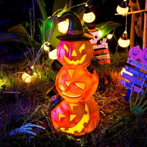 Halloween Pumpkin Decorations Unique 3 Tiers Stacked Jack-O-Lantern Solar Outdoor Pumpkin Lights Halloween Decor for Porch Garden Yard Lawn,3 Tiers Pumpkin