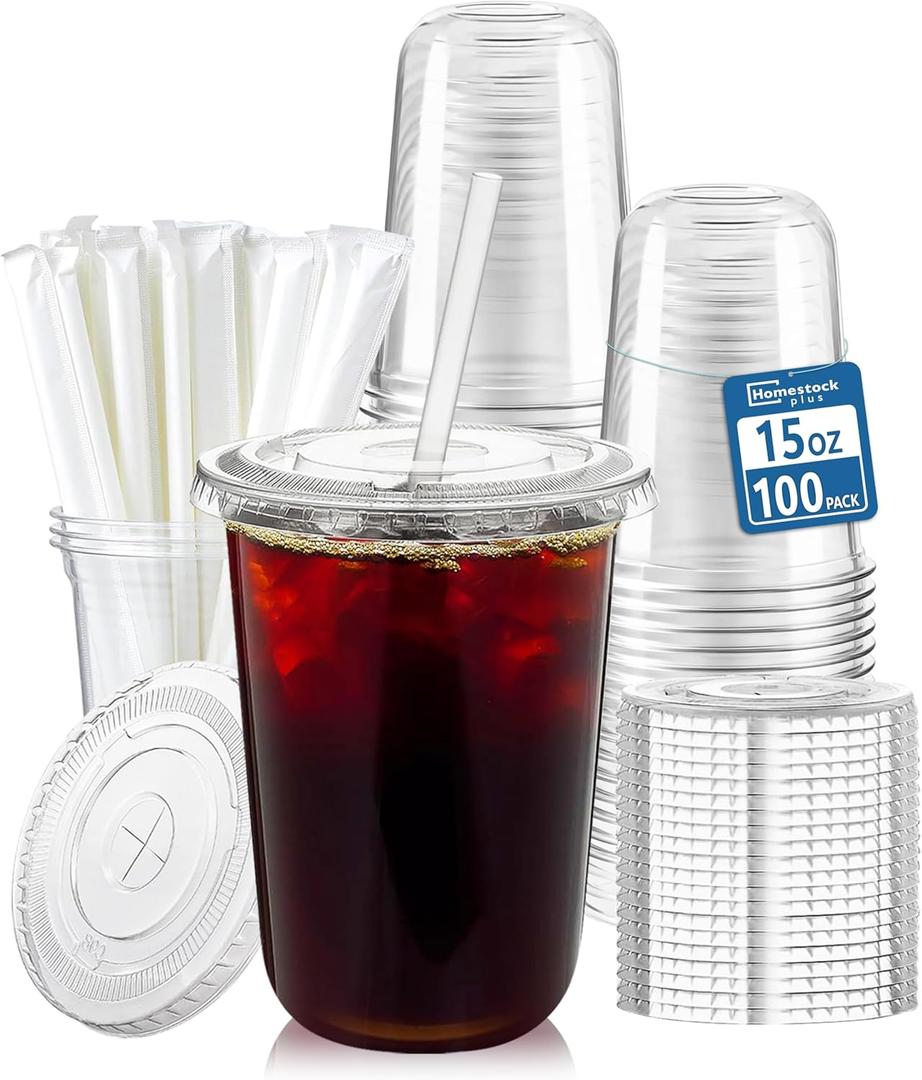 Homestockplus 15 oz Clear PET Plastic Cups with Lids and Straws - 100 Pack Leak-Proof Disposable Plastic Coffee Cups Iced Coffee Cups for Smoothies, Bubble Tea & To-Go Cold Drinks