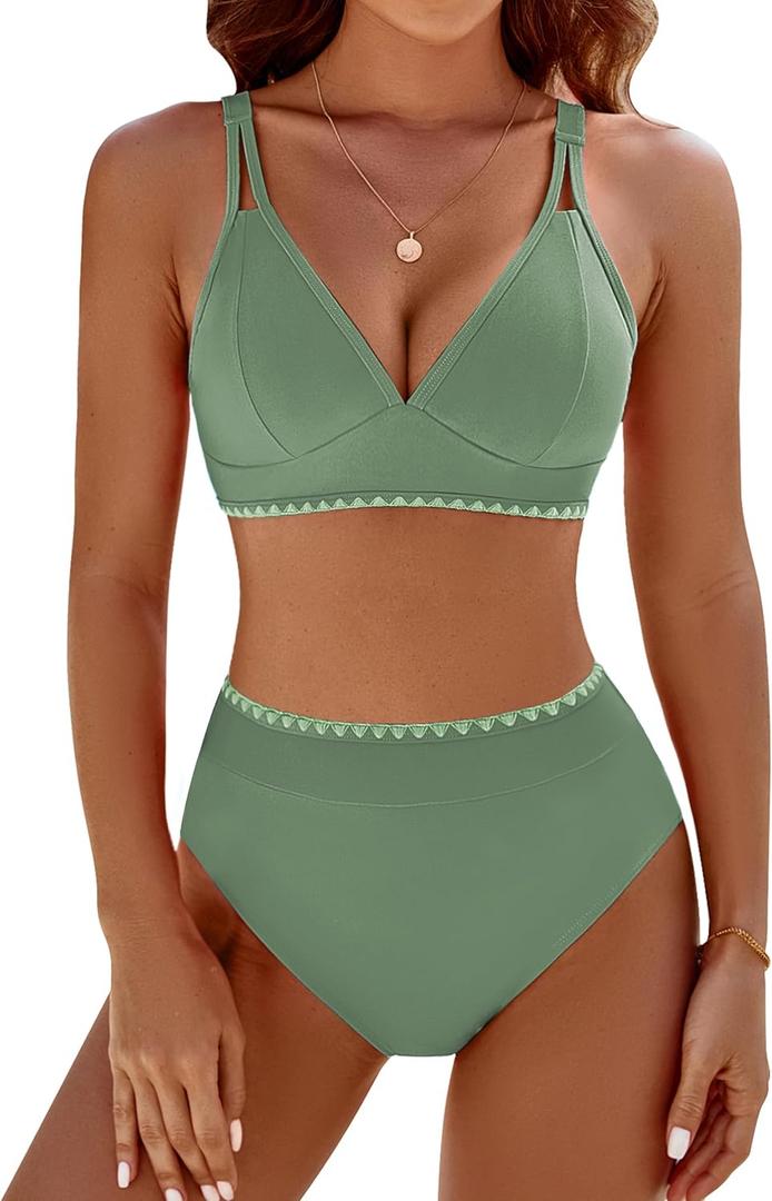 BMJL Women's Bikini Sets V Neck High Waisted Swimsuits Shell Stitched Cheeky Two Piece Bathing Suit (Medium, Green039)