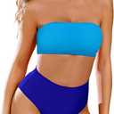 Pink Queen Women's Removable Strap Wrap Pad Cheeky High Waist Bikini Set Swimsuit (02 - Color Block Blue) XL