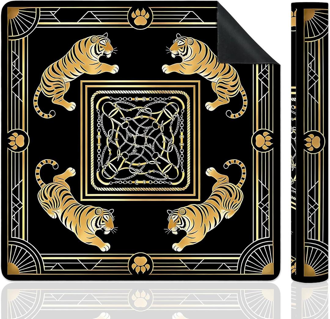 Black Gold Tiger Mahjong Mat for Table, Elegant Jungle Wildlife Tiger 31.5" x 31.5" Non-Slip & Noise Reduction Mahjong Mat for Poker Dominoes Cards & Board Games