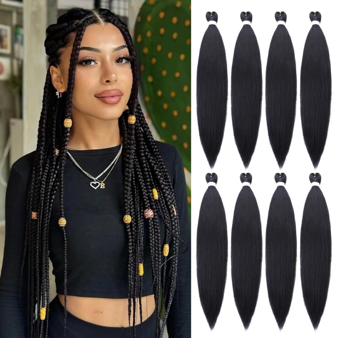 Braiding Hair Pre Stretched 8 Packs 24 Inch Long Black Braid Professional Prestretched Synthetic Braiding Hair Extensions for Twist or Braid (1B#, 24 Inch (Pack of 8))