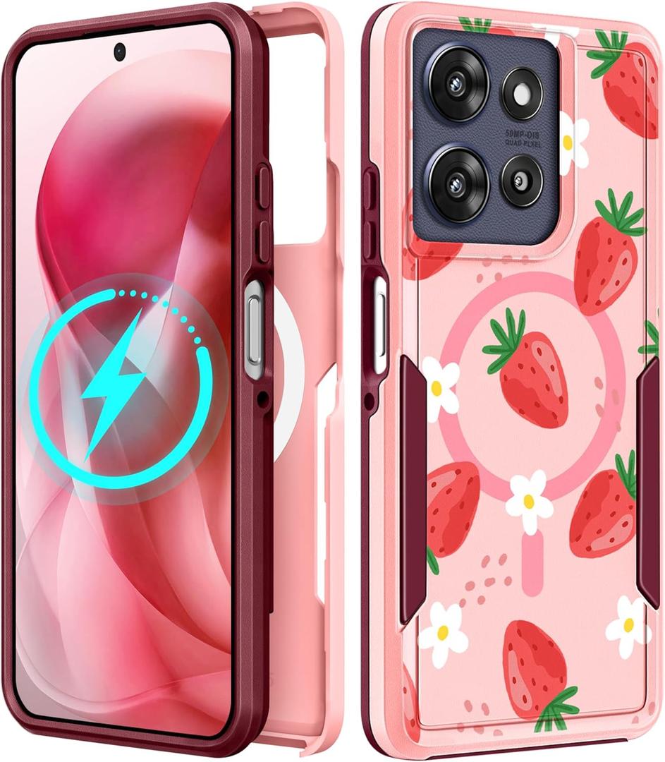 2 x LISEVOfor Moto G Power 2025 Case - for Motorola Moto G Play 2025 Case Compatible with MagSafe Women Cute Girls Magnetic Protective Phone Cover Girly Kawaii Strawberry Heavy Duty Shockproof