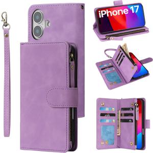 RANYOK Wallet Case Compatible with iPhone 17 Case, with 6 Card Holder RFID Blocking, PU Leather Zipper Flip Wallet Pocket, Kickstand, Wrist Strap | Protective Phone Cover for 17, Purple