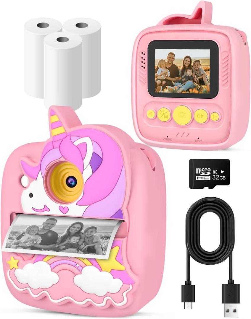 Instant Print Camera for Kids 3-12 Years - Kids Camera with 32G SD Card & 3 Rolls Paper, 48MP Photo & 1080P Video, Christmas Birthday Gifts for Toddler Girls Boys