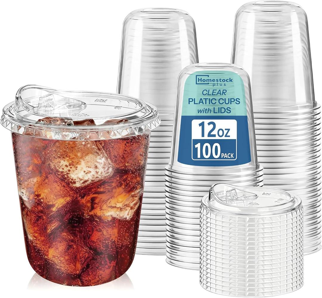 Homestockplus 100 Pack 12 oz BPA-Free Clear Plastic Cups with Sip Lids - Leak-Proof Round Bottom Disposable Iced Coffee Cups for Kids, To-Go Drinks, Smoothies, Juice & Small Portion Cold Beverages (EXP 12/31/36)