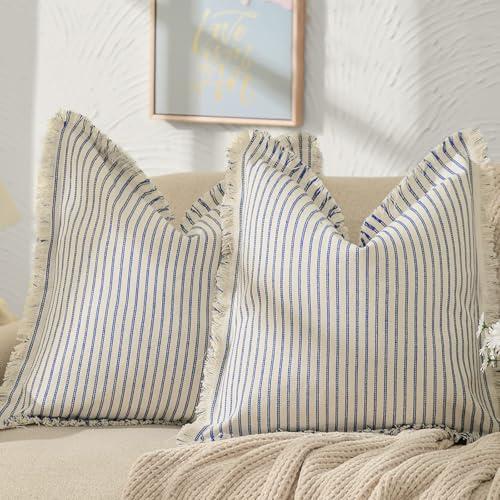 ZWJD Throw Pillow Covers 20x20 Set of 2 Striped Pillow Covers with Fringe Chic Cotton Decorative Pillows Square Cushion Covers for Sofa Couch Bed Living Room Farmhouse Decor