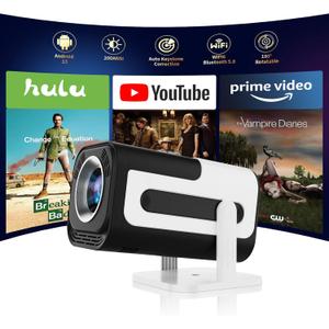 Ear&Ear Mini Projector, HY320 Portable Projector, Support 4K 1080P with Dual-Band WIFI6 5G Wireless 5.0 Bluetooth Android 11, 180 Rotatable, Auto Keystone Correction, 40"-130" Screen Video Projector
