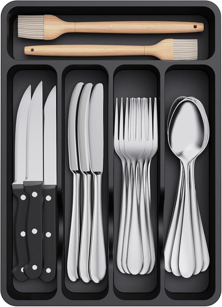 Lifewit Silverware Drawer Organizer Tray, Plastic Cutlery Storage for Kitchen Drawer, Flatware and Utensil Holder Divider for Spoons Forks Knives Tableware, 5 Compartment, Black (9.1*12.6*1.6 inch (5 Slots)