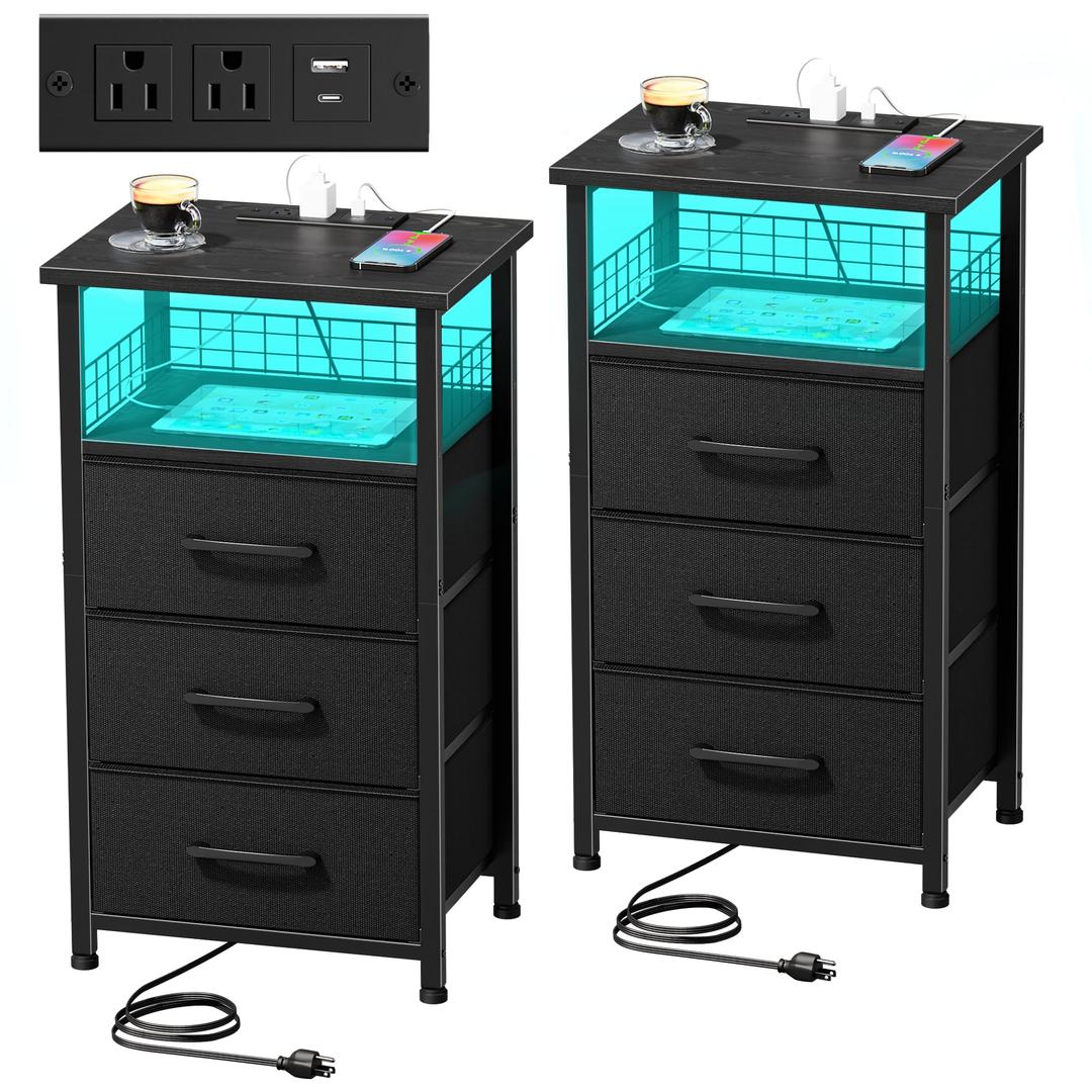 LAKEMID Nightstands Set of 2 with Charging Station, Night Stand with 20 Colors LED Lights and Fabric Drawer, Side Tables Bedroom, End Table with USB Ports and Outlets for Living Room, Office (Black)