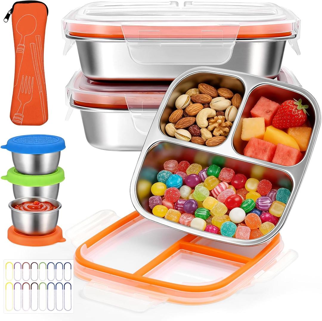 Qtencas 3 Pack Stainless Steel Snack Containers with Lid, Sauce Cups, Utensil Bag & Name Labels, Reusable 3 Compartment Snack Containers Metal Bento Box for Office Home Travel Gym