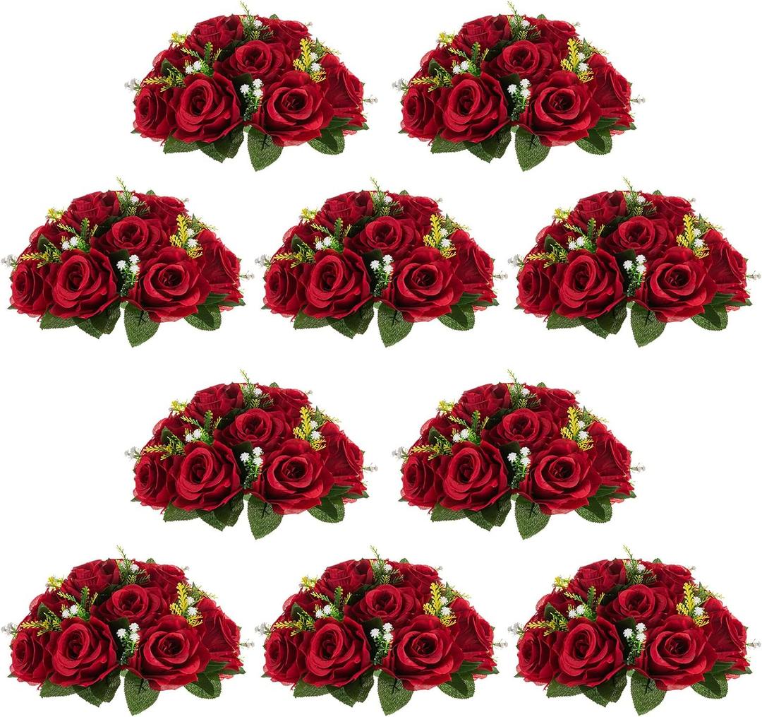 NUPTIO Flower Wedding Centrepieces for Tables - 10 Pcs 9.5in Diameter Crimson Artificial Flowers Rose Ball for Centerpieces Table - Fake Rose Arrangements for Weddings Birthday Party Decor