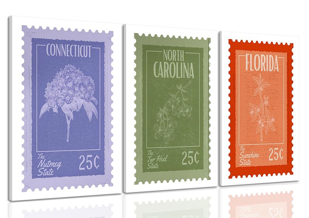 3 Piece Vintage US State Floral Stamp Canvas Wall Art Set of 3 12x16