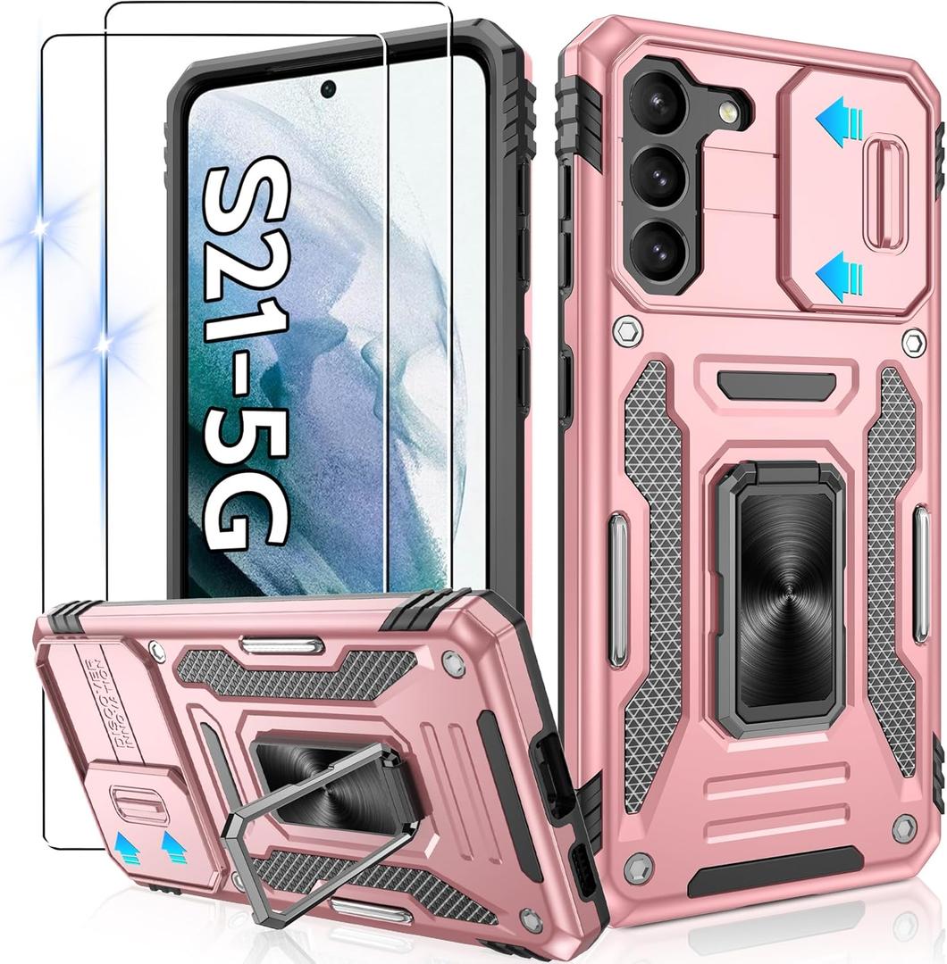 Gritup for Galaxy-S21-Case with Slide Camera Cover + [HD Screen Protector2], 360 Metal Rotated Ring Kickstand,Military Grade Shockproof Protective Cover Case for Samsung Galaxy S21,Rose Gold