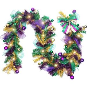 6 ft Artificial Mardi Gras Garland with Lights Mardi Gras Hanging Garland with LED Mixed Ball Carnival Pre Lit Outdoor Decorations for Door Mantle Tree Window Fireplace Kitchen Wall