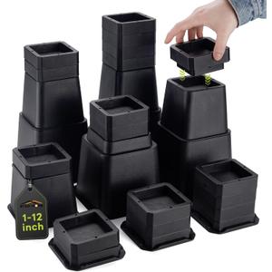 BTSD-home Bed Risers Adjustable 12 Inch Heavy Duty - Elevation in Heights 1,2,3,4,5,6,7,8,9,10,11,12 Inch for Couch, Sofa, Table, Chair, Bed Frame Legs, Dorm Furniture Risers, Set of 4, Black