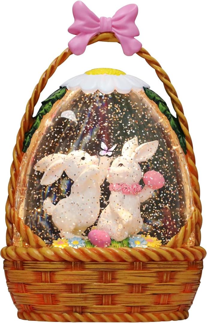 Easter Bunny Snow Globe for Easter Decorations, Easter Basket Eggs Design with Lighting FunctionsUSB or Battery Operated.