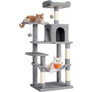 Feandrea Cat Tree, 54.2-Inch Cat Tower, Multi-Level Condo, Light Gray