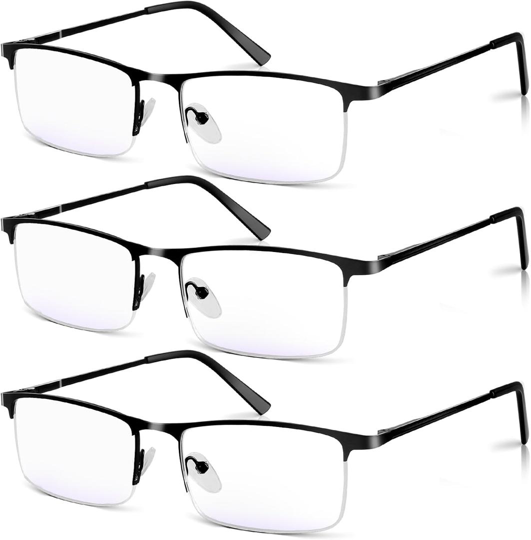 3 Pack Blue Light Blocking Reading Glasses for Men, Stylish Half Frame Metal Computer Readers, Lightweight Spring Hinge Eyeglasses Anti Eyestrain/Glare/UV (Black, 1.5)