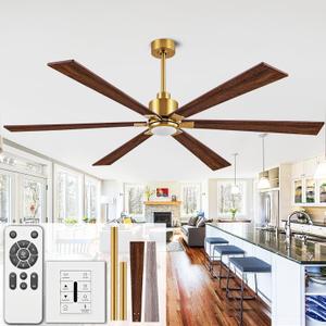 72-Inch Ceiling Fan with Light and Remote Control, 6-Blade Wooden Fan for Large Rooms, Matte Gold Finish, Silent Reversible Motor