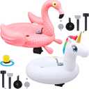 2 Pack Motorized Pool Float for Adult, Inflatable Pool Lounger Chair Pink Flamingo Unicorn River Tube Floating with Pusher Handles Cup Holder and Pump Waterproof for Party Beach Outdoor