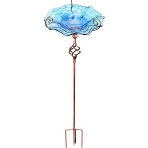 VCUTEKA Outdoor Bird Bath Glass Birdbath Garden Bird Feeder with Metal Stake Blue
