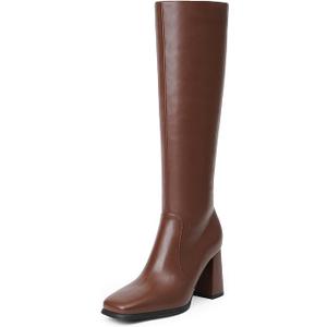 Square Toe Knee High Boots for Women, Chunky Block Heel Tall Boots for Women with Side Zipper, Fashion Comfortable Long Fall Winter Boot 6.5