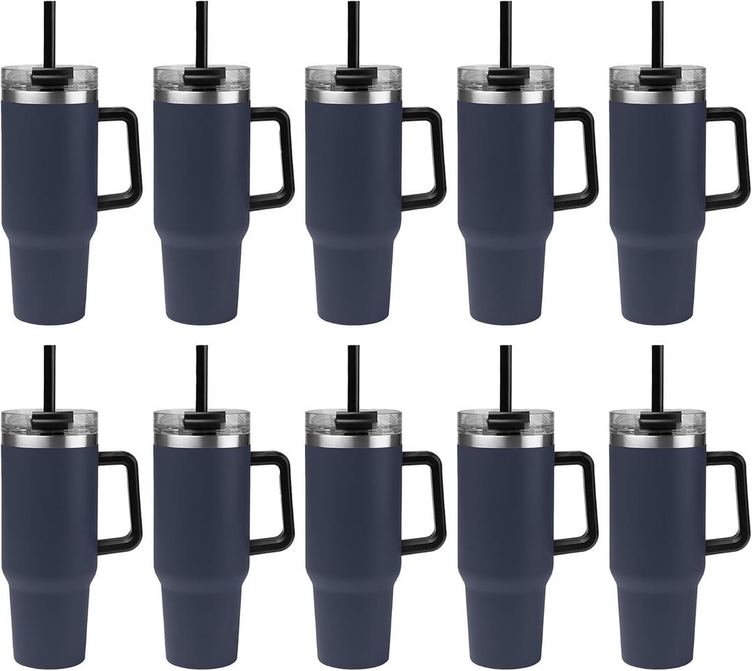 10 Ct of 40 Oz Intrepid Stainless Steel Tumbler with Lid, Straw & Handle  Navy Blue  Customizable Insulated Cups for Water, Coffee, Hot & Iced Drinks  Great for DIY, Events, Work