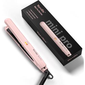 Terviiix Mini Hair Straightener Adjustable Temp, TravelSize Mini Flat Iron, Mini Flat Irons for Short Hair/Curls Bangs, Ceramic Portable Small Hair Curler, Dual Voltage, AutoOff, 1/2'', Matte Pink