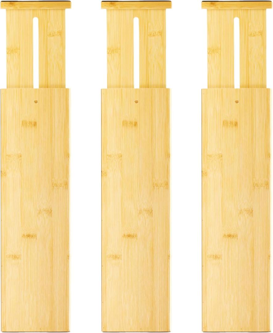 VaeFae 3 Pack Bamboo Drawer Dividers, 4" High Adjustable 16.6" - 21.8" Clothes Drawer Organizers, Expandable Separators for Bedroom/Bathroom/Kitchen/Office Storage