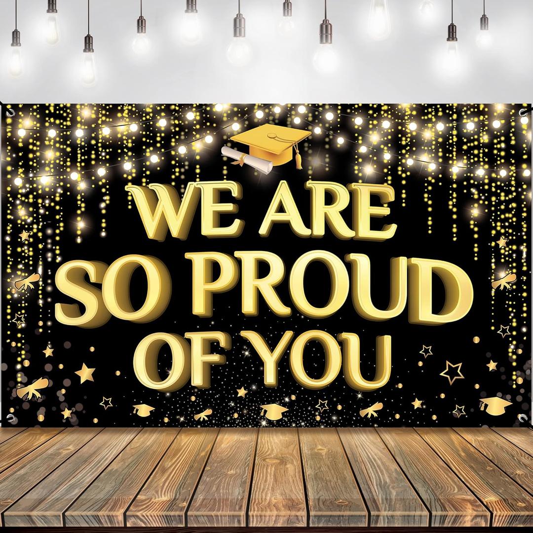 KatchOn XtraLarge "We Are So Proud of You" Banner – 72x44 in | Black & Gold Graduation Backdrop 2025 | Congrats Banner for Graduation Decorations