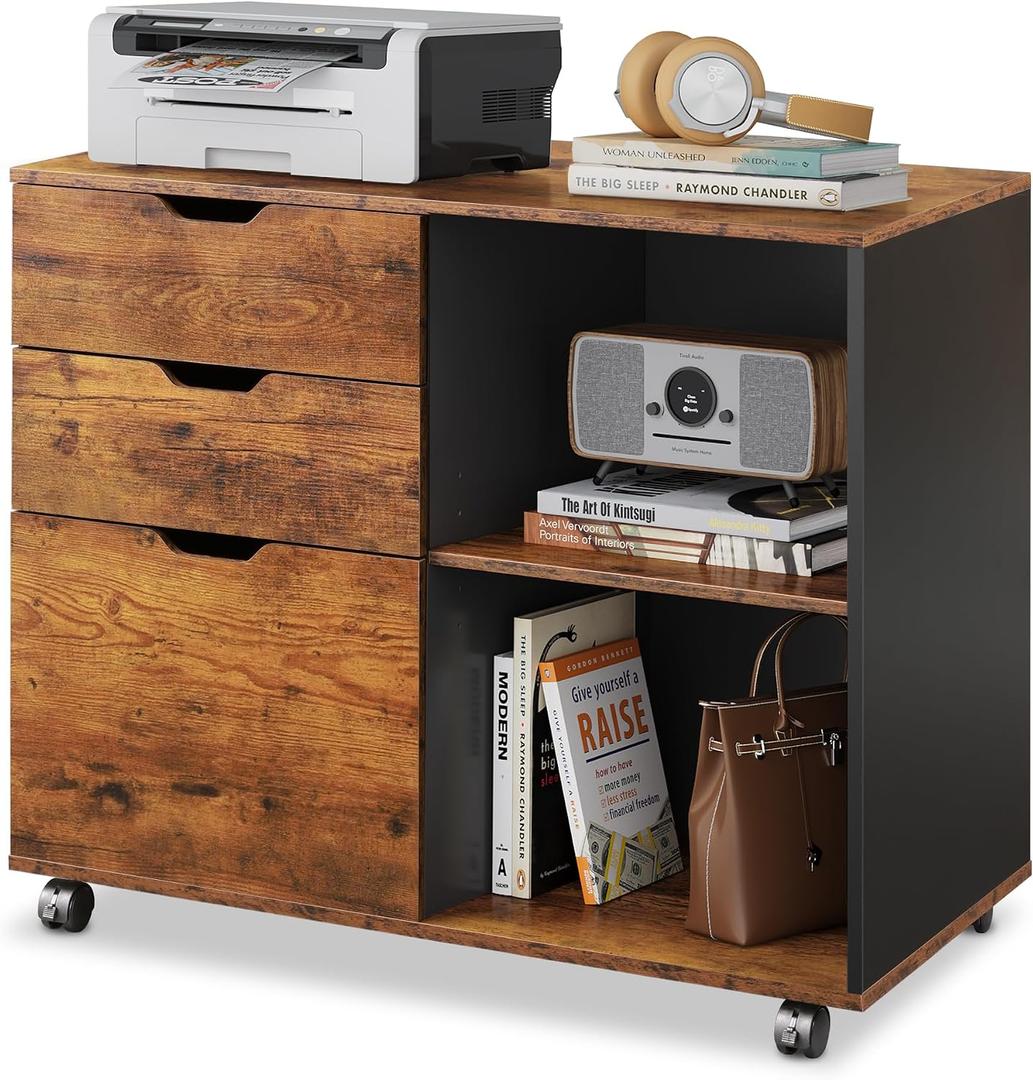DEVAISE 3-Drawer Wood File Cabinet, Mobile Lateral Filing Cabinet, Printer Stand with Open Storage Shelves for Home Office, Rustic Brown, 15.7"D x 31.3"W x 24.7"H