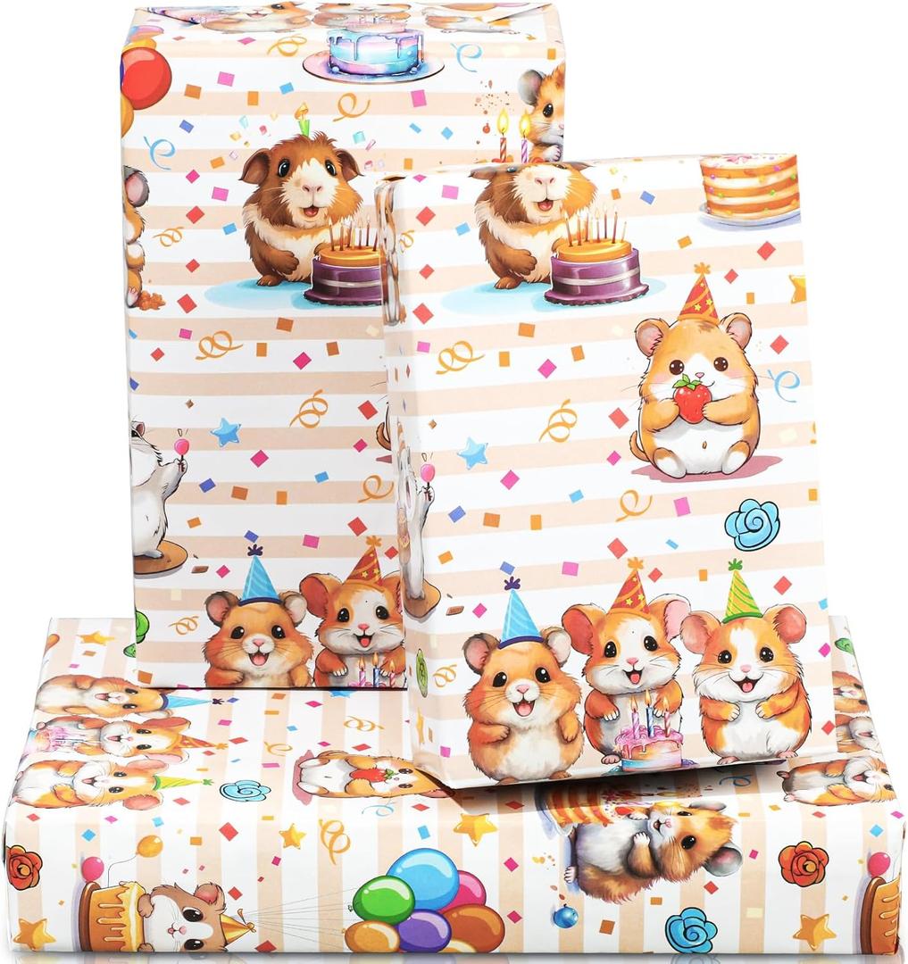 8 Sheets Hamster Wrapping Paper - Cute Birthday Gift Wrap with Hamster, Cake & Balloons Design for Birthdays, Baby Showers, Parties & Pet Lovers, 19.7" x 27.6"
