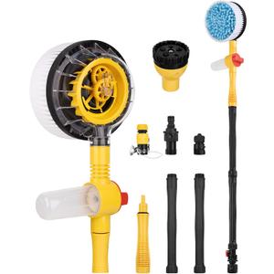 Rotating Car Wash Brush with Hose Attachment, Car Wash Brush with Long Handle & Soap Dispenser, Water-Powered 360° Spin Wash Brush Kit with Spray Gun & 5-Pattern Nozzle for Cars, RVs, Trucks
