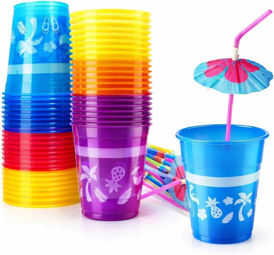 4E's Novelty 48 Packs Tropical Party Cups with Parasol Straws - Disposable Plastic Cups 16oz BPA free, for Hawaiian Luau Party and Pool Parties, Beach Theme Birthday Decorations for Kids & Adults