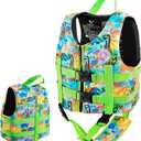Pottwal Swim Vest for Kids - Swim Jacket for 4-6 Years (39.5-55LBS) - Buoyancy Aid Made of Neoprene & EPE - with Adjustable Crotch Strap - Green Dinosaurs