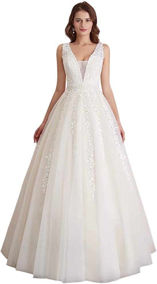 Abaowedding Women's Wedding Dress for Bride Lace Applique Evening Dress V Neck Straps Ball Gowns (8)