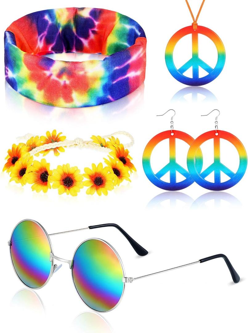 Frienda 5 Pcs Hippie Costume Set Glasses Headband Peace Sign Earrings Necklaces Tie Dye Bandana Hippie Accessory for 60s 70s