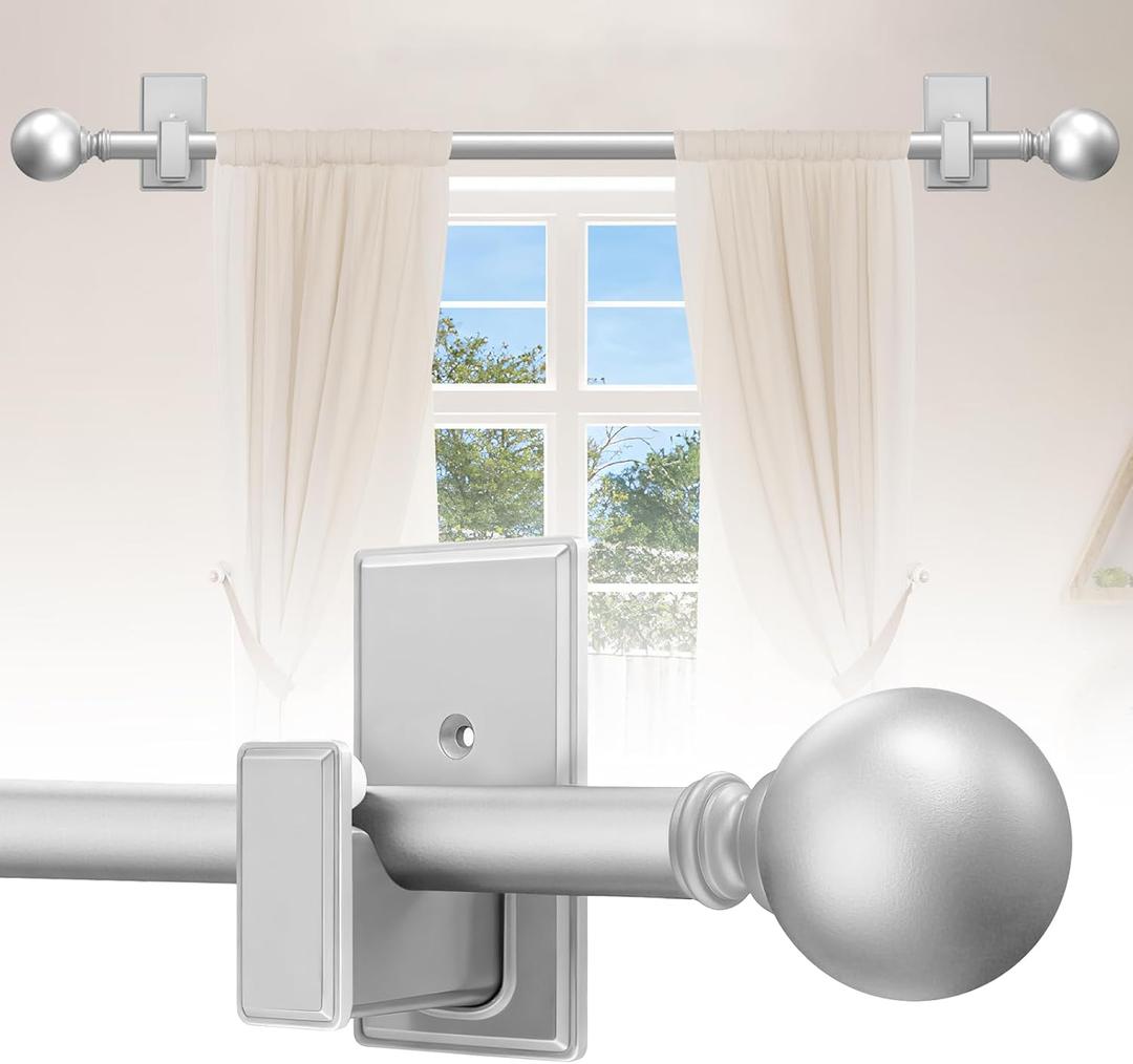 Curtain Rods No Drilling, 32-60 Inch Adjustable No Drill Curtain Rod with Adhesive Brackets, 5/8" Renter Friendly Stick On Rod for Apartments, Bedroom, RV, Heavy Duty 20-30 lbs, Antique Silver (Sliver)