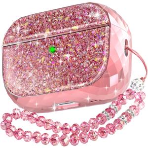 AhaStyle AirPods Pro 2 Case Cover (2024/2023/2022) for Women Girls Luxury Glossy Hard-Shell Protective Case Cover Compatible with Apple AirPods Pro 2nd Gen (USB-C/Lightning Cable) Charging Case (Pink)