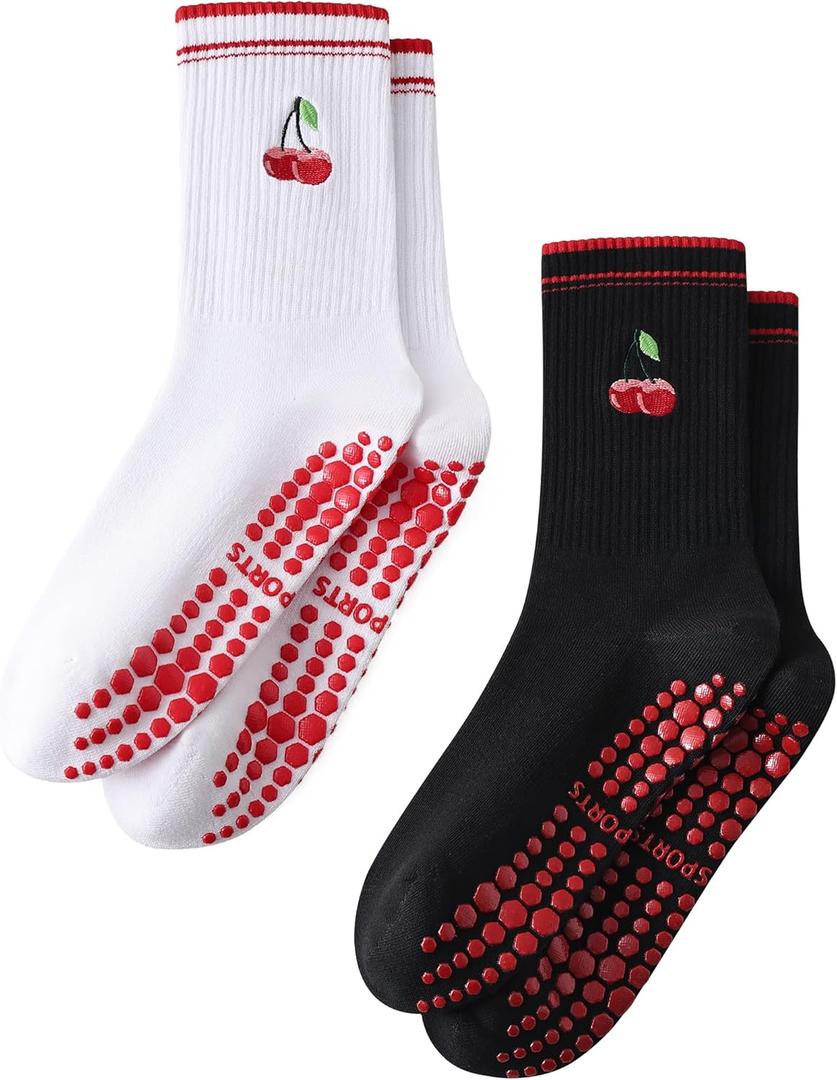 THANTH Pilates Grip Socks for Women Yoga Non Slip Sticky Athletic Crew Grippy Socks Cute Barre Workout Hospital Sock (5-10, 2pack-white+black)