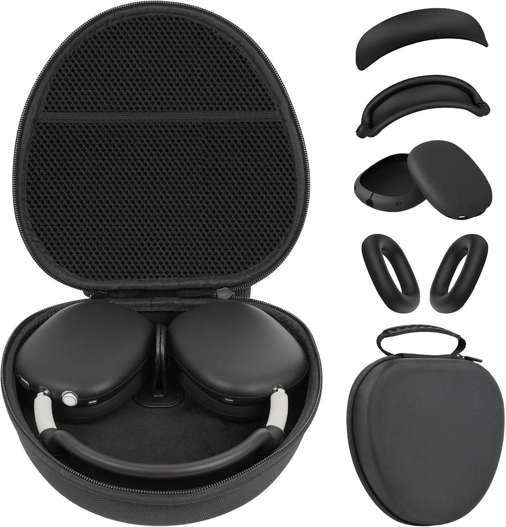 Case for Apple Airpods Max 2/ Airpods Max Headphones, Hard Portable Carry Travel Cover Storage Bag with Silicone Ear Pad Case/Ear Cups Cover/Headband Covers Accessories for AirPods Max, Black