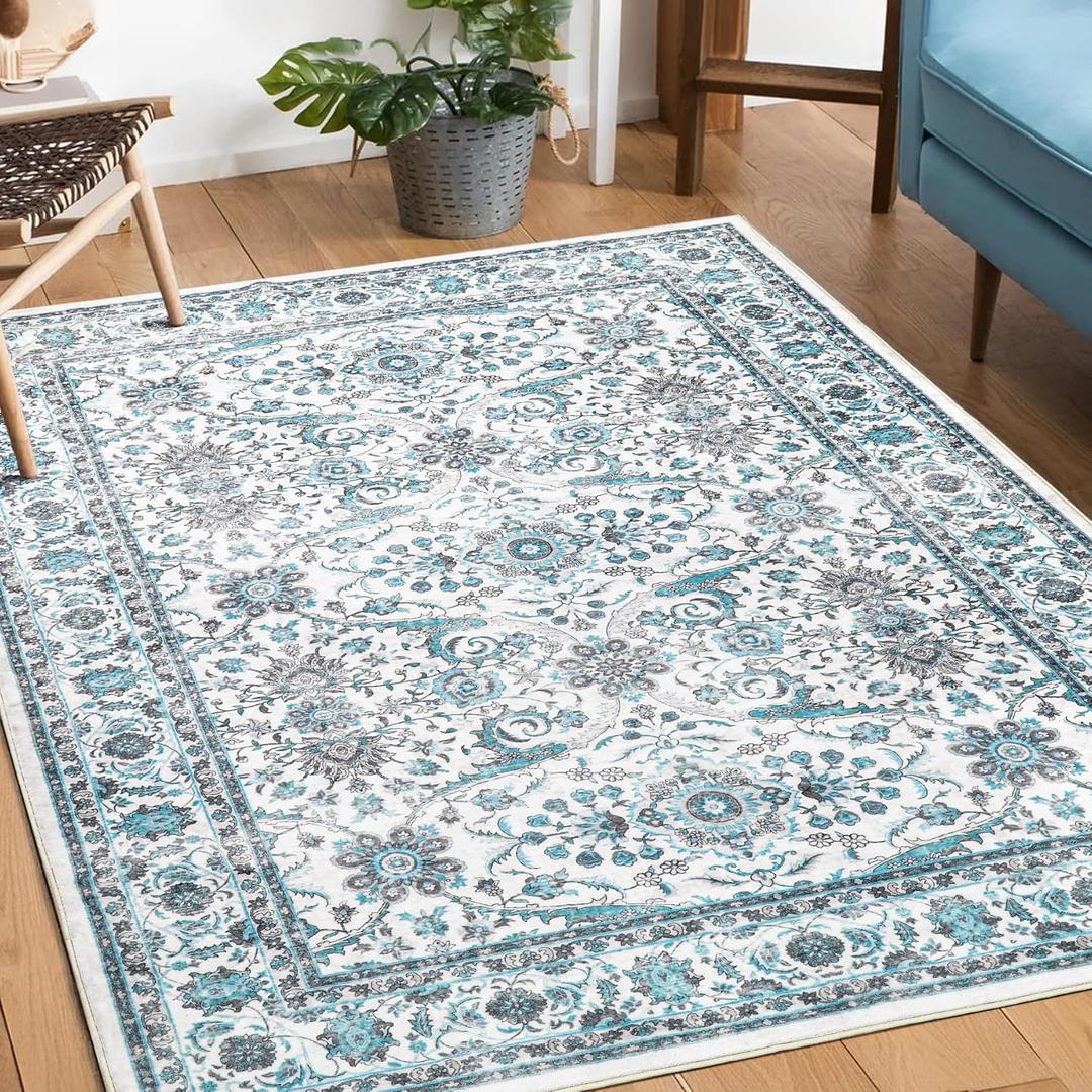 4x6 Area Rugs Washable Boho Rug, Non Slip Carpet for Living Room, Boho Vintage Design Rug, Foldable Soft Low-Pile Rug, Blue/Floral (6' x 4' (Rectangular))
