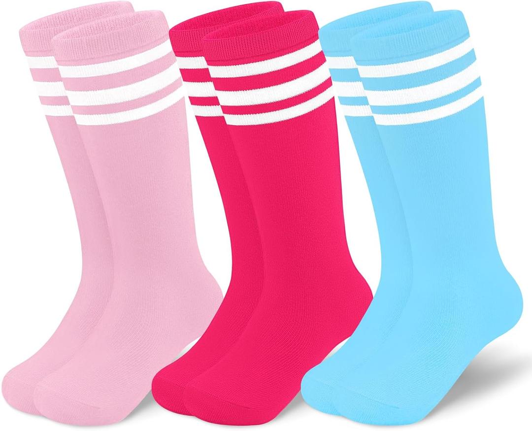 Toddler Soccer Socks Kids Soccer Socks Youth Soccer Socks Kids Baseball Socks Girls Softball Socks Boys Football Socks (6-9 Years, 3 Pack Hot Pink/White, Pink/White, Azure/White)