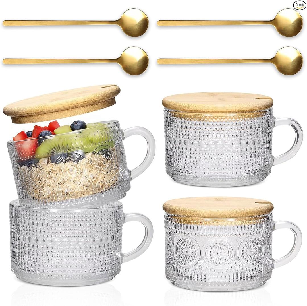 4-Pack Vintage Glass Coffee Mugs with Bamboo Lids & Spoons - 14oz Clear Embossed Glass Cups for Iced Coffee, Overnight Oats Jars, Unique Housewarming Gifts for Women, Coffee Bar Accessories